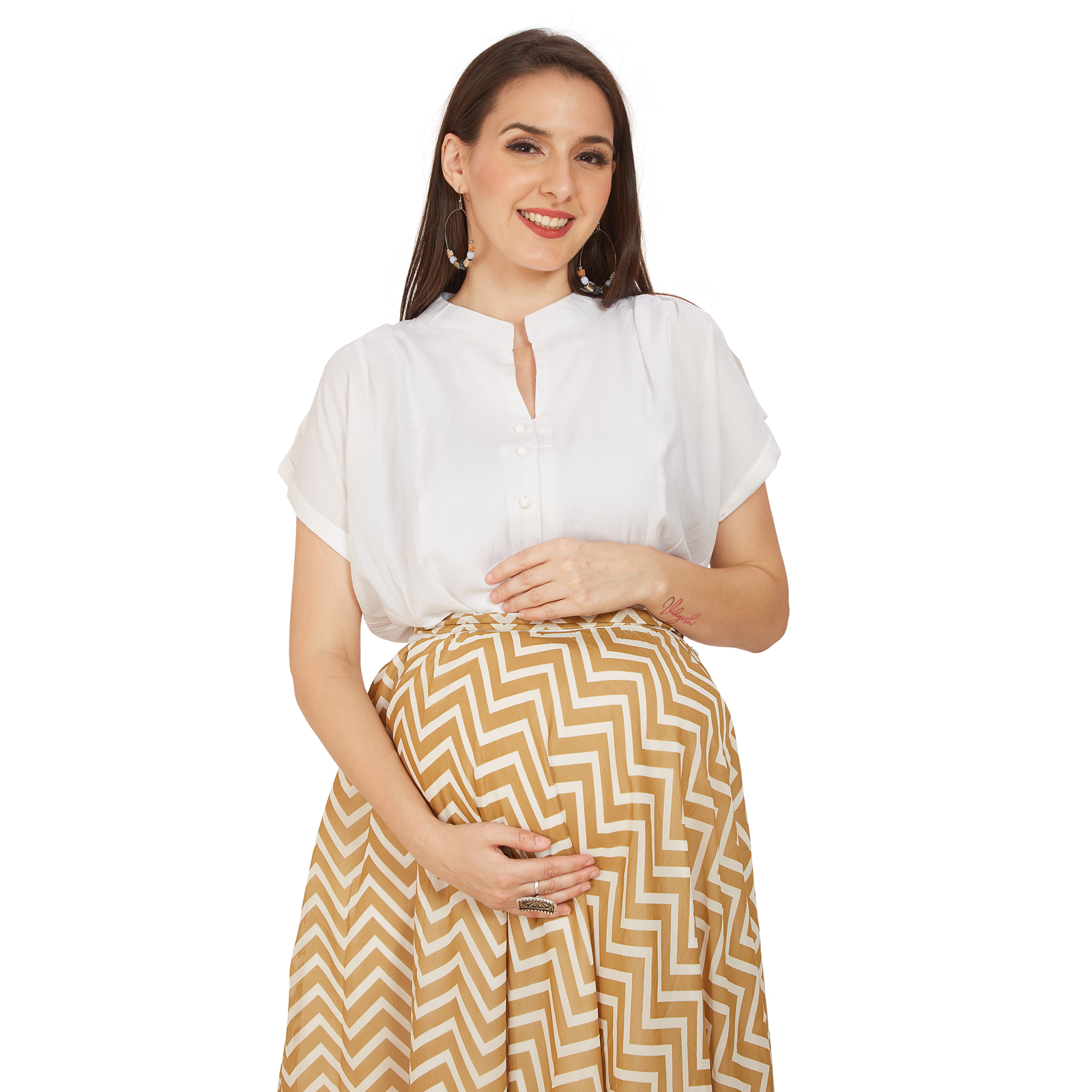 Beige Rayon Georgette Maternity Dress - Red - Image 3