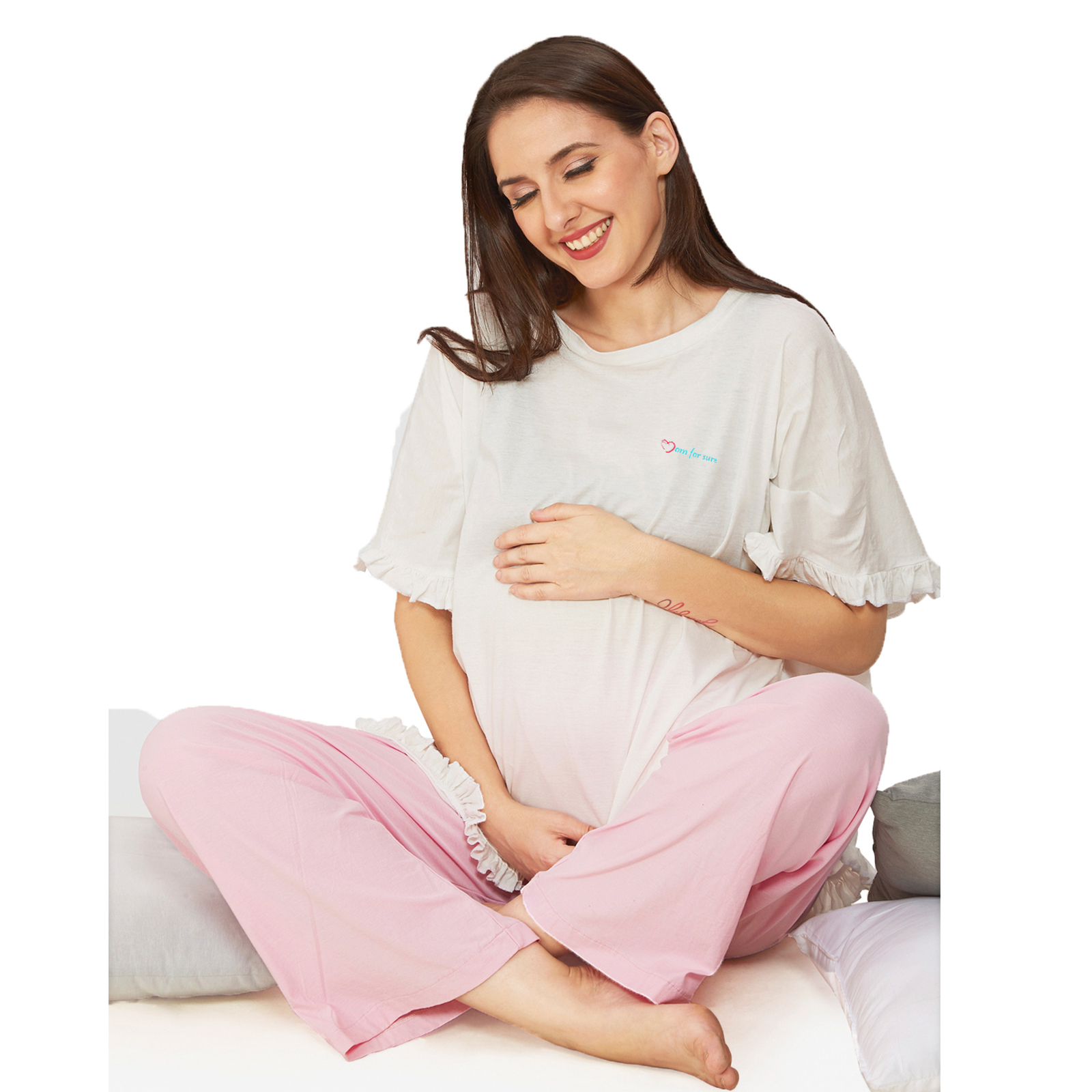 Cream Pink Cotton Maternity Top - Pink - Image 3