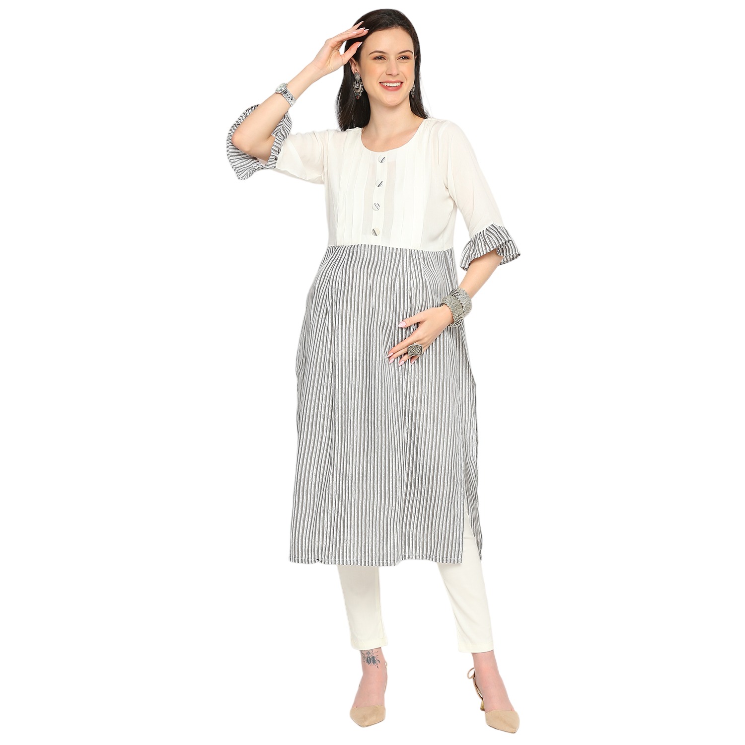 Rayon Cotton Striped Maternity Kurta - Grey