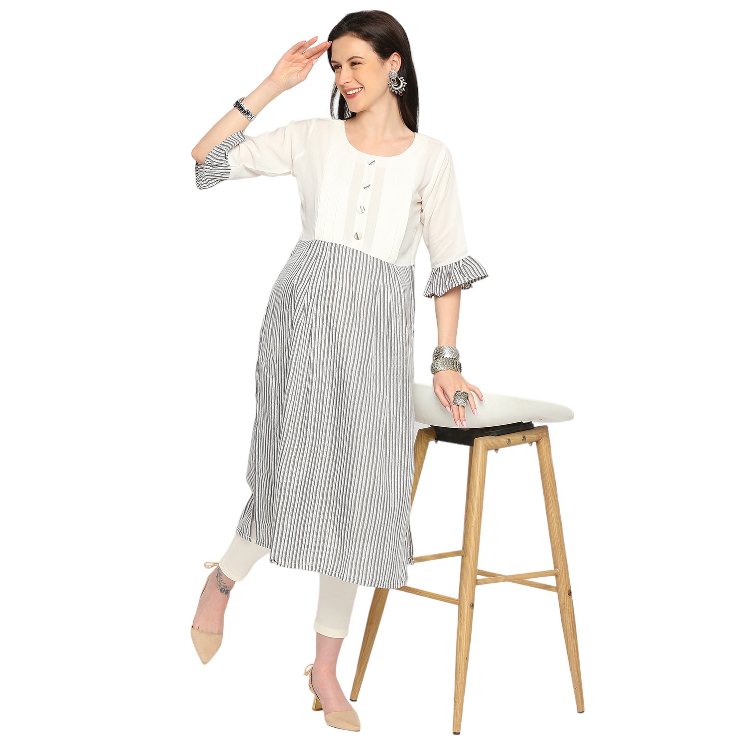Rayon Cotton Striped Maternity Kurta - Grey - Image 2