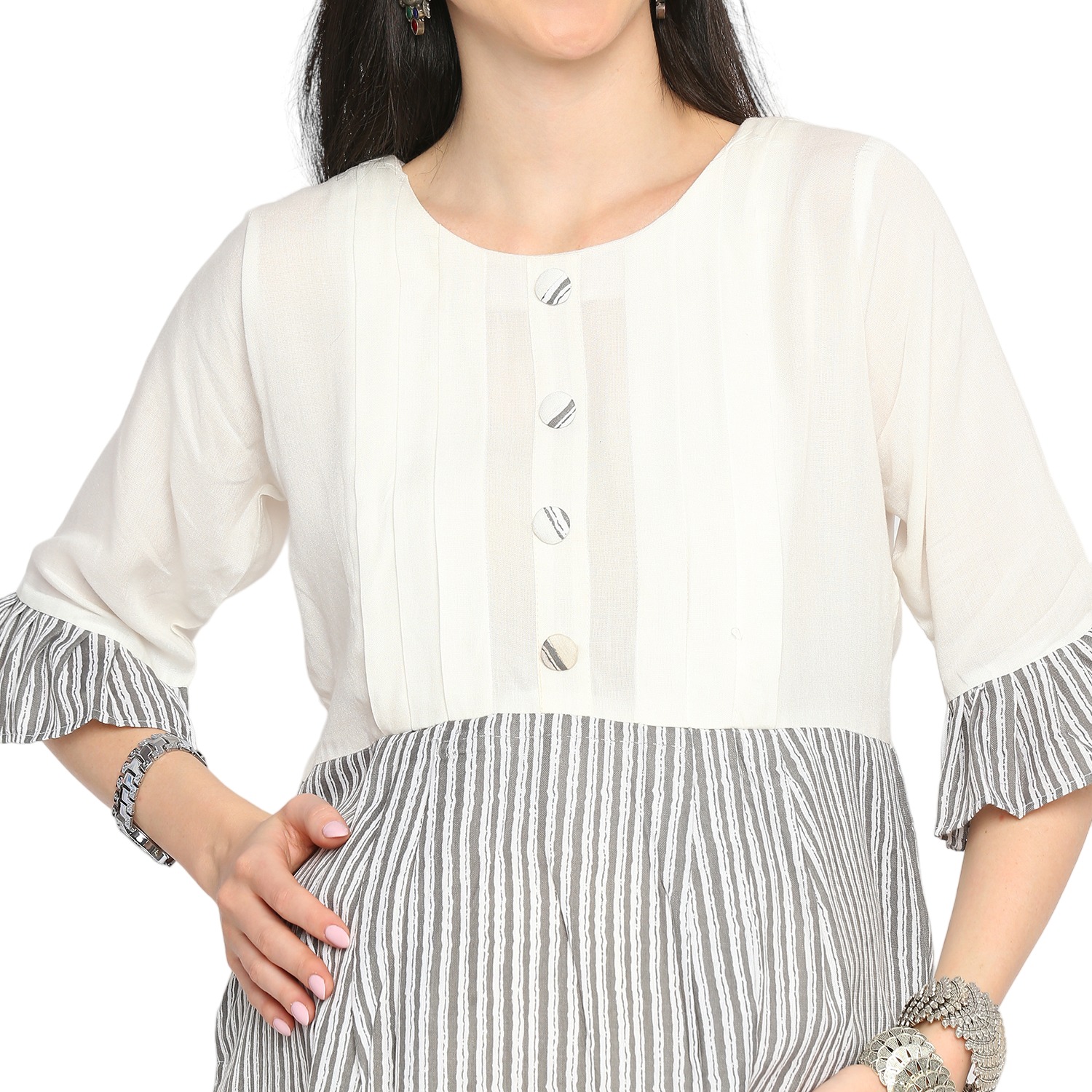 Rayon Cotton Striped Maternity Kurta - Grey - Image 3