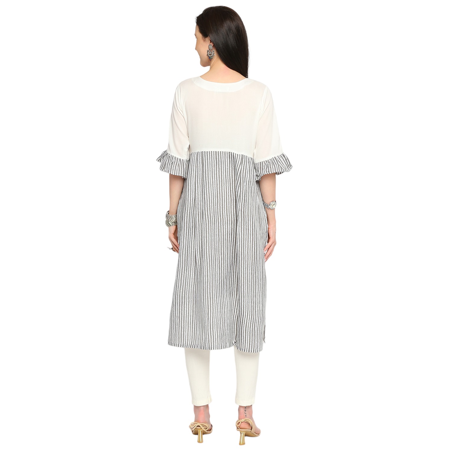 Rayon Cotton Striped Maternity Kurta - Grey - Image 5