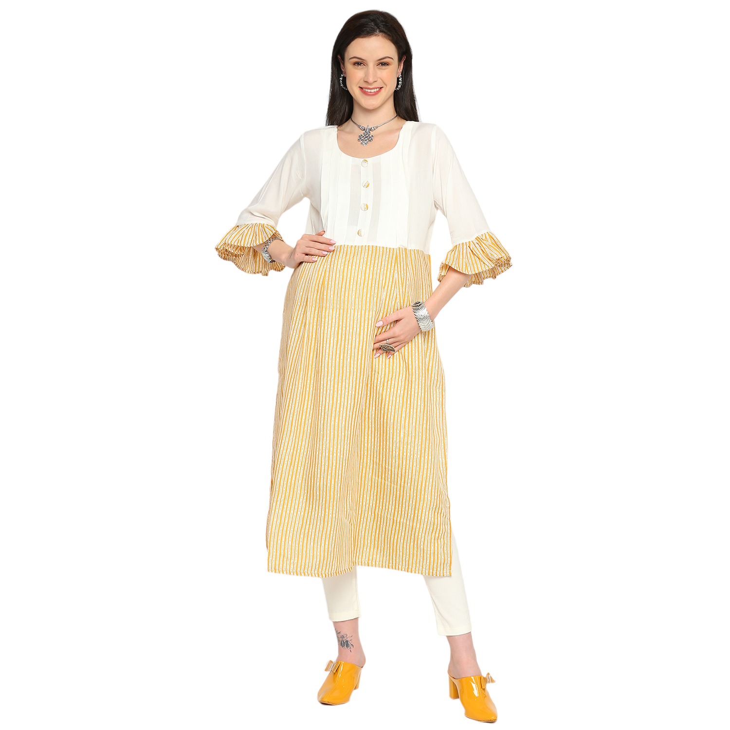 Rayon Cotton Striped Maternity Kurta - Yellow