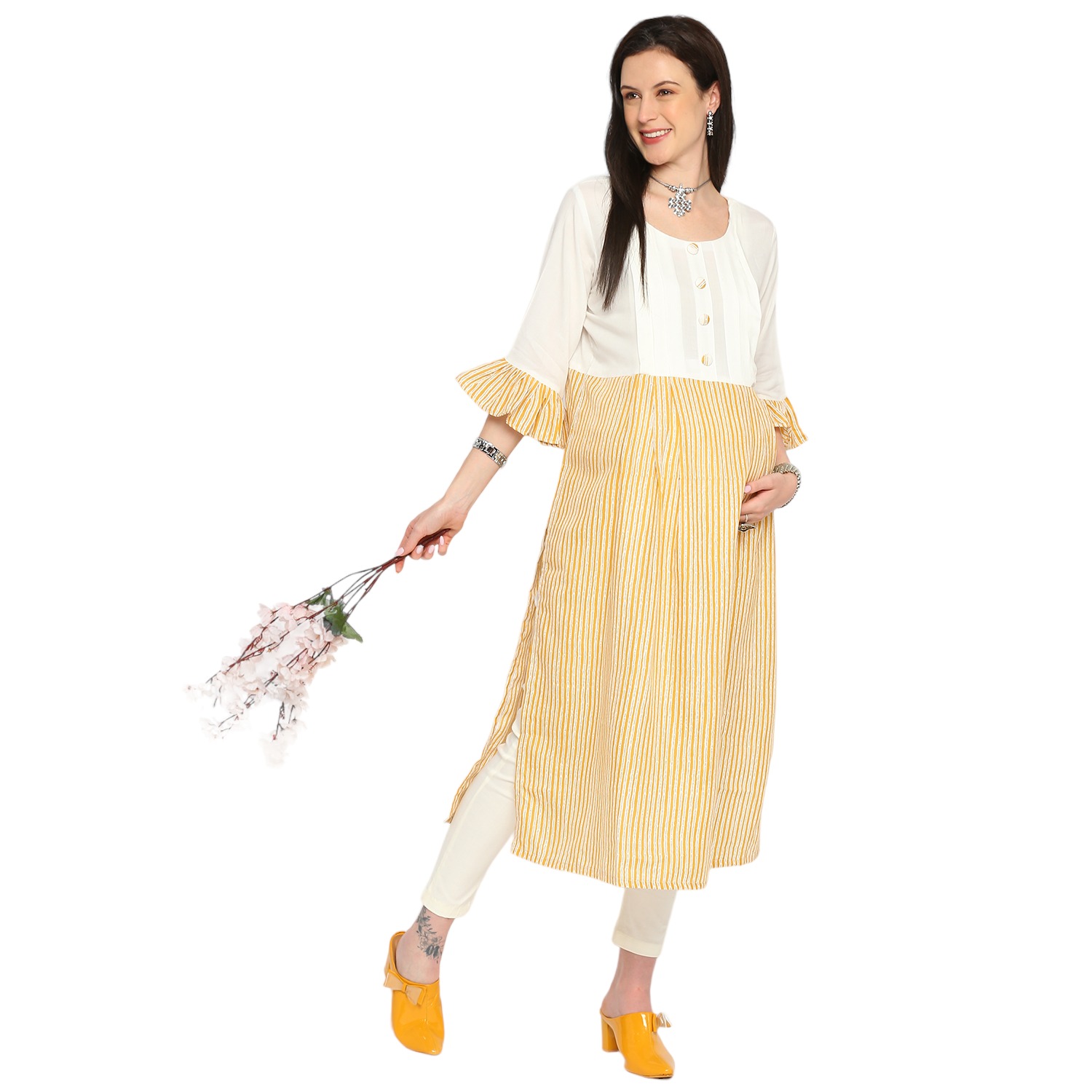 Rayon Cotton Striped Maternity Kurta - Yellow - Image 2