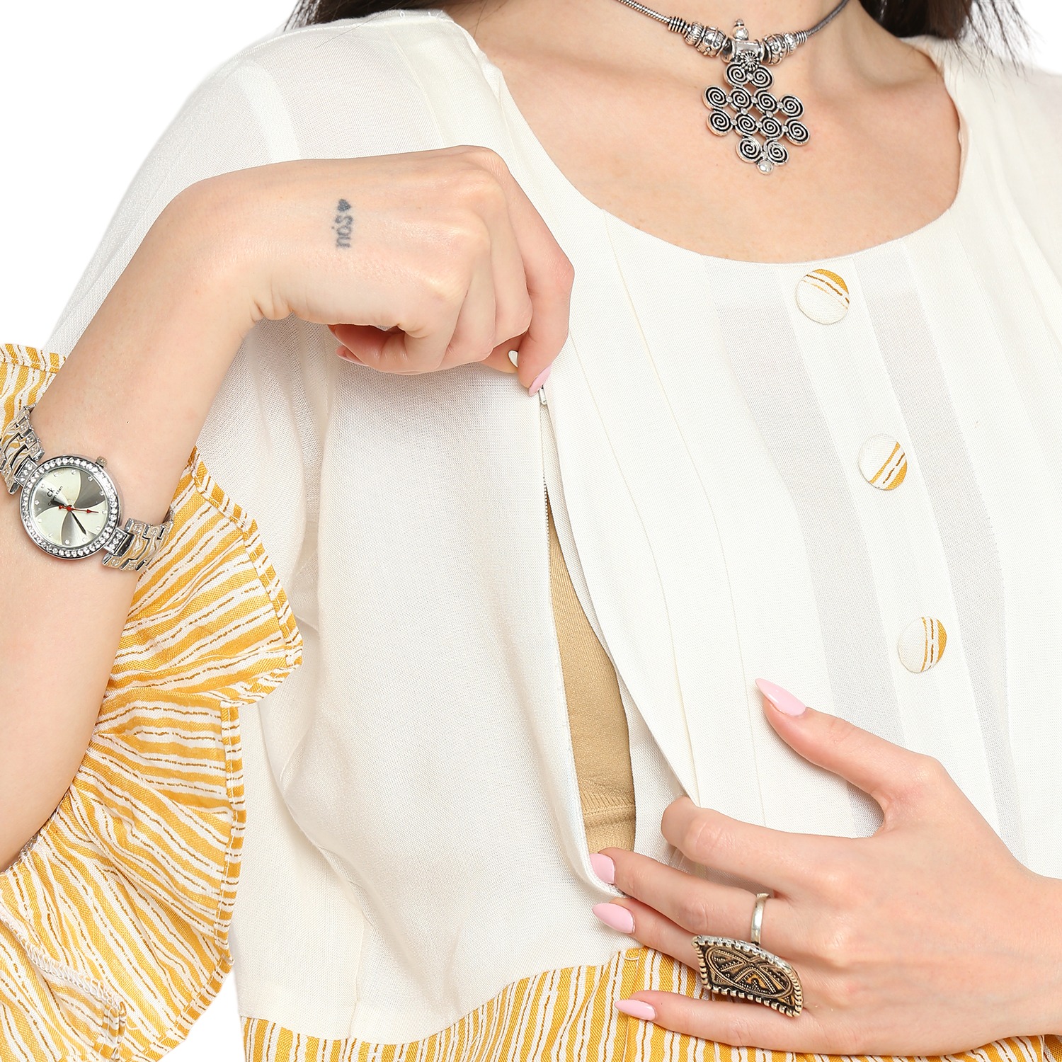 Rayon Cotton Striped Maternity Kurta - Yellow - Image 4