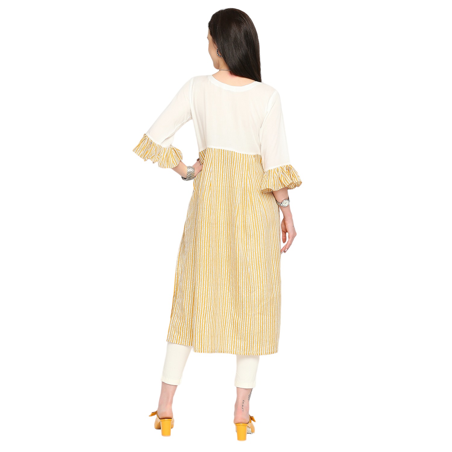 Rayon Cotton Striped Maternity Kurta - Yellow - Image 5
