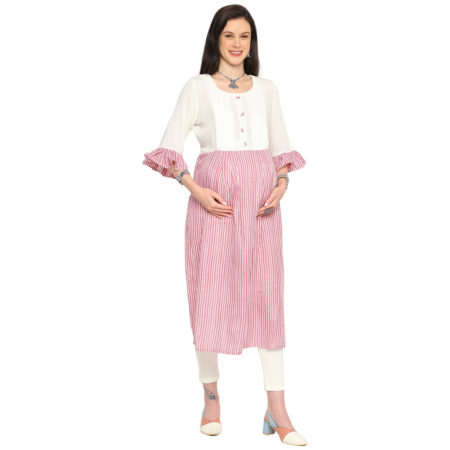 Rayon Cotton Striped Maternity Kurta - Pink