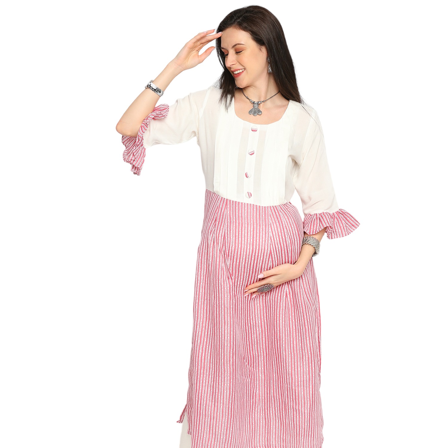 Rayon Cotton Striped Maternity Kurta - Pink - Image 2
