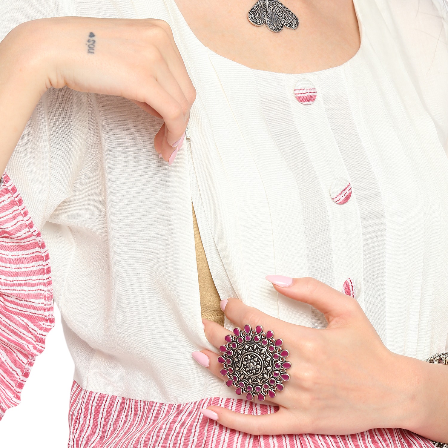 Rayon Cotton Striped Maternity Kurta - Pink - Image 4