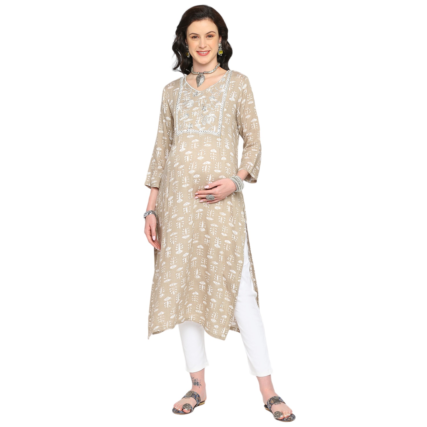 Ethnic Motif Printed Maternity Kurta - Red