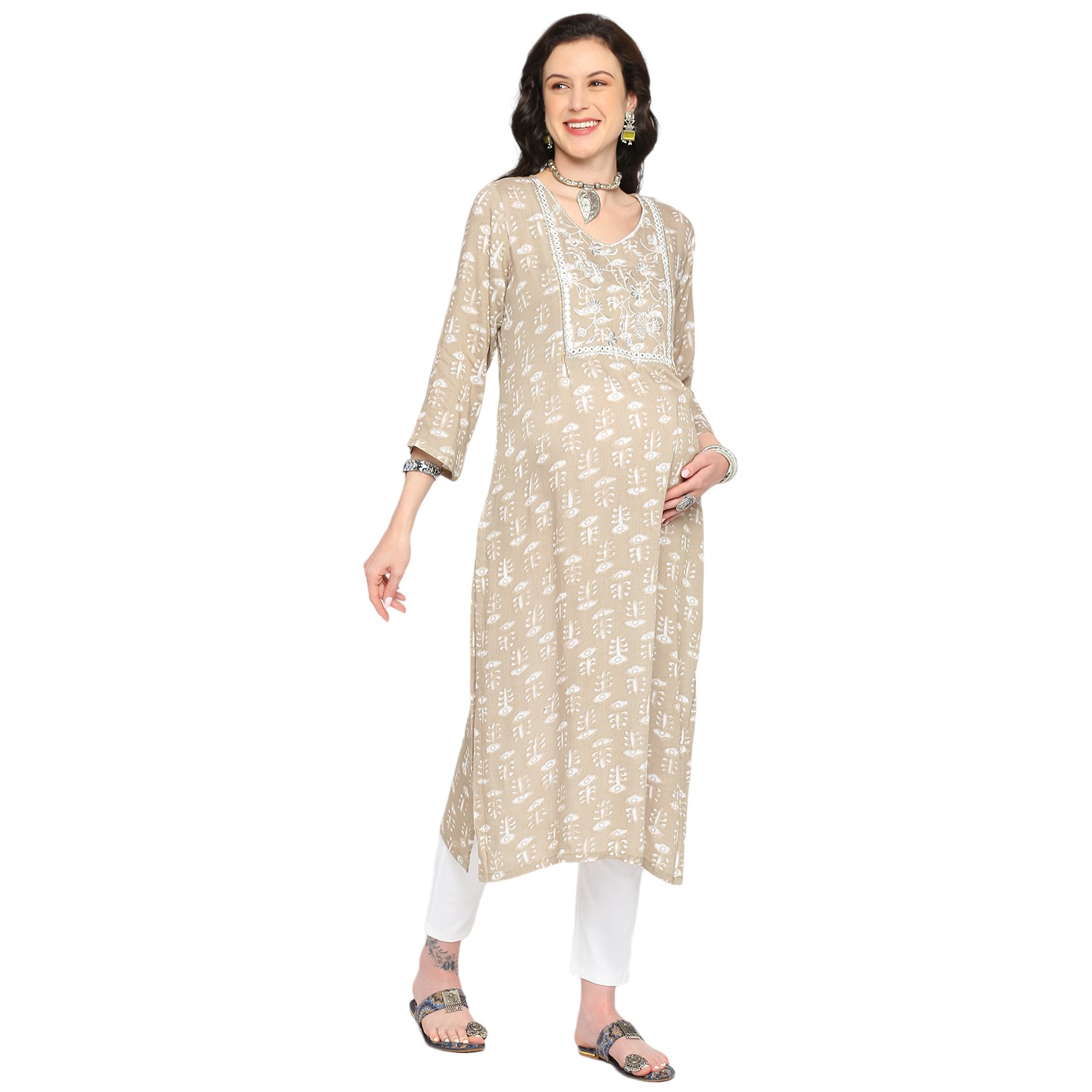 Ethnic Motif Printed Maternity Kurta - Red - Image 2