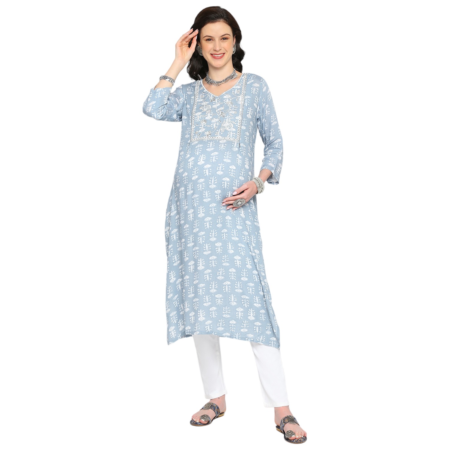 Ethnic Motif Printed Maternity Kurta - Blue