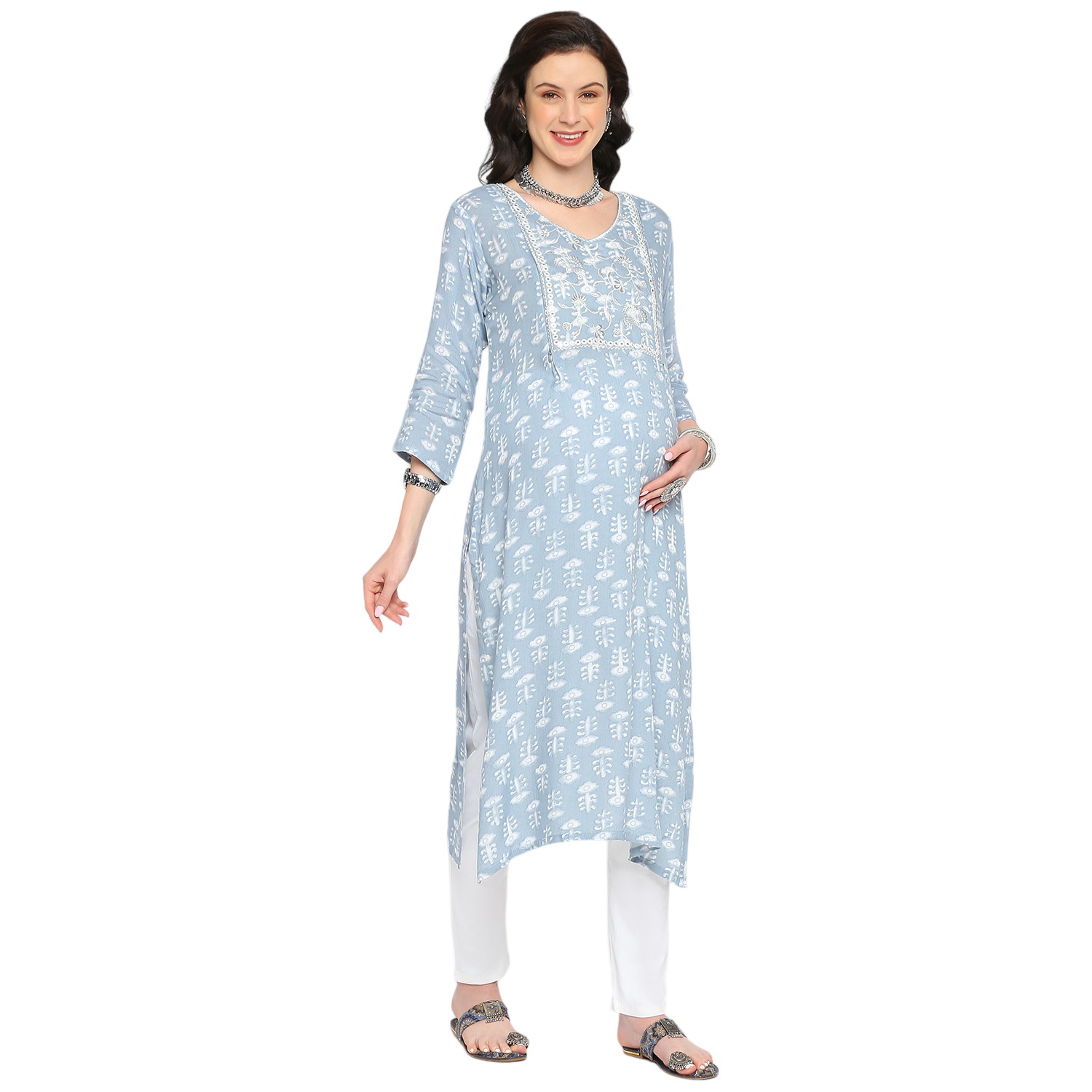 Ethnic Motif Printed Maternity Kurta - Blue - Image 2