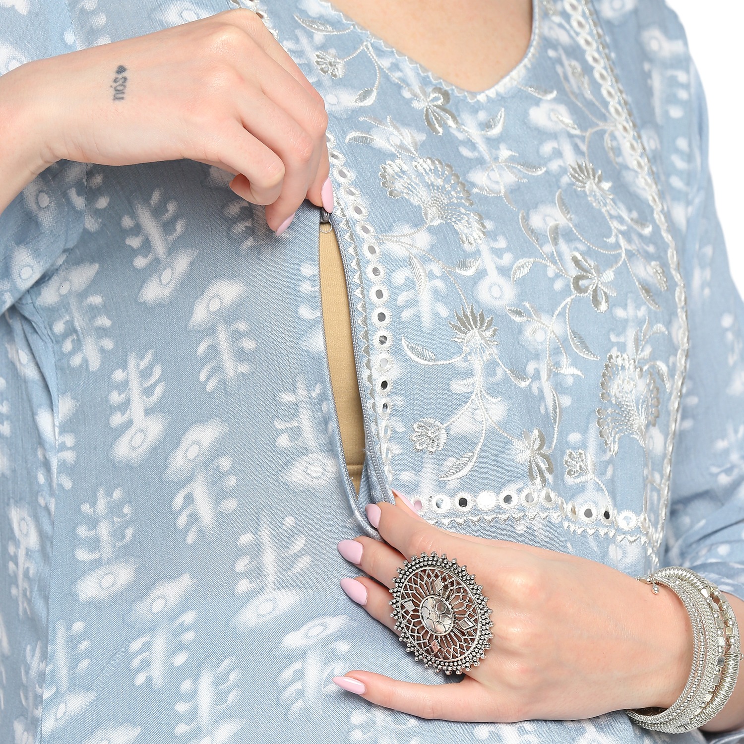Ethnic Motif Printed Maternity Kurta - Blue - Image 4