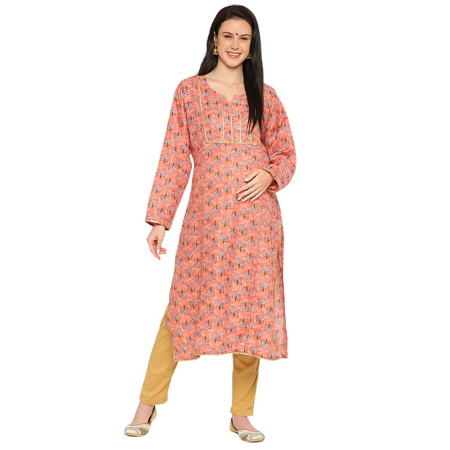 Cotton Slub Foil Maternity Kurta - Coral