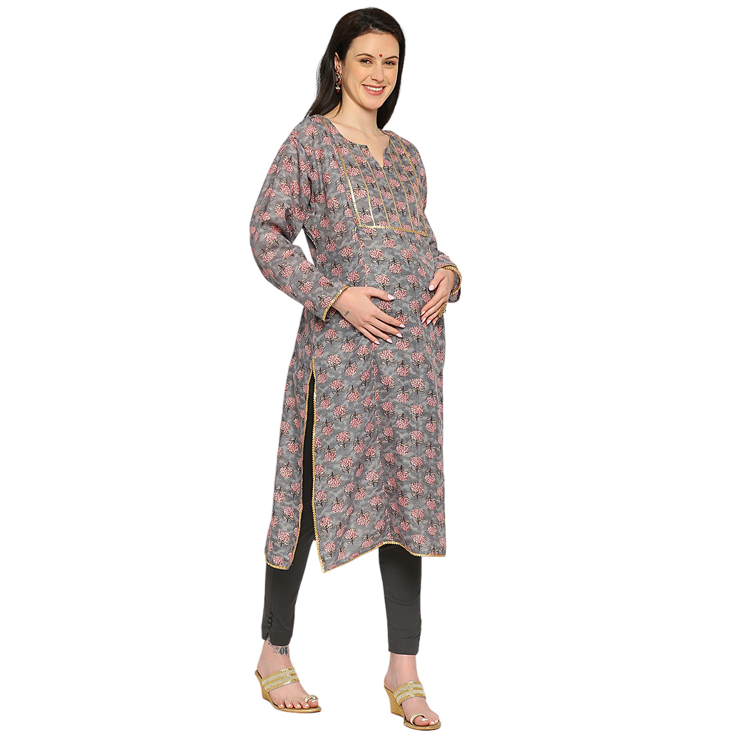 Cotton Slub Foil Maternity Kurta - Grey - Image 2