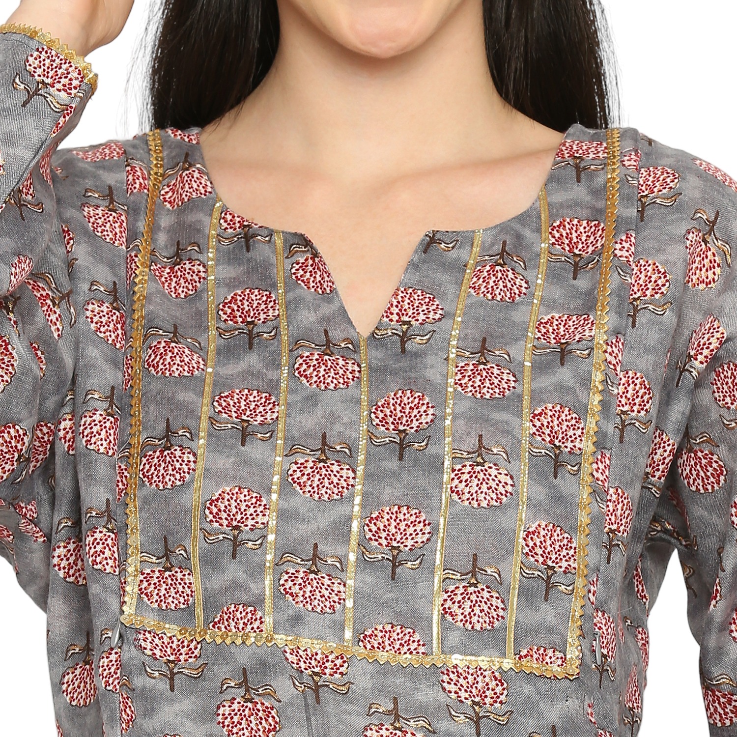 Cotton Slub Foil Maternity Kurta - Grey - Image 3