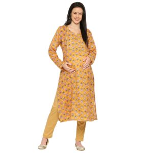 Cotton Slub Foil Maternity Kurta - Yellow