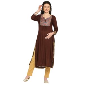 Rayon Solid Sleeve Maternity Kurta - Brown