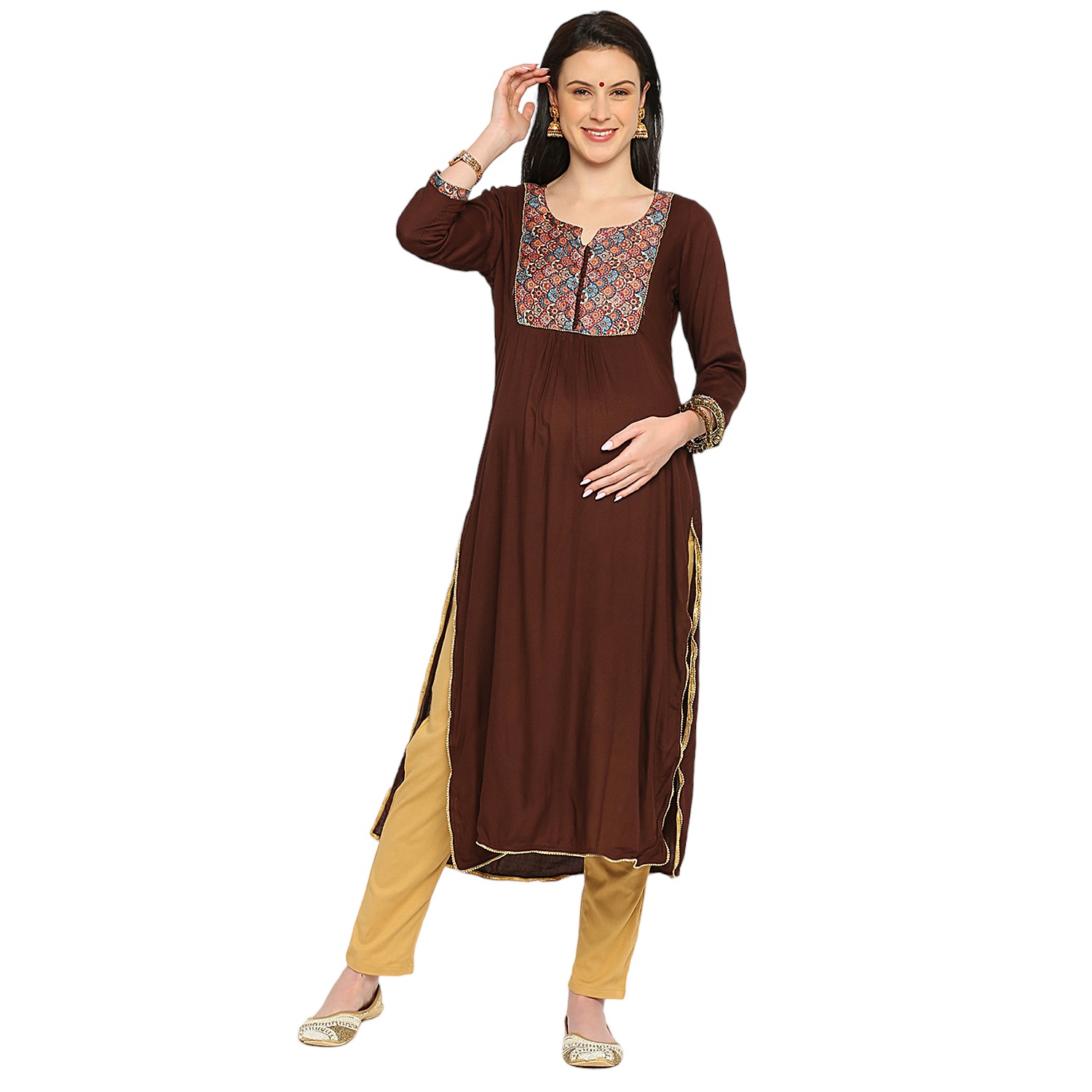 Rayon Solid Sleeve Maternity Kurta - Brown