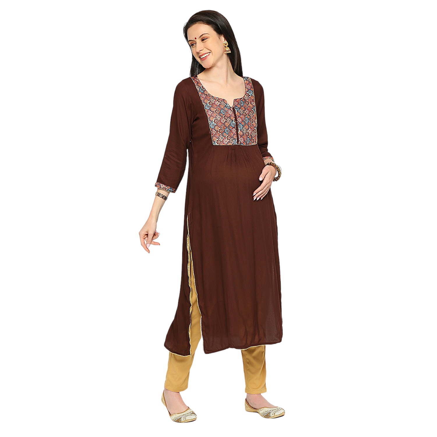 Rayon Solid Sleeve Maternity Kurta - Brown - Image 2