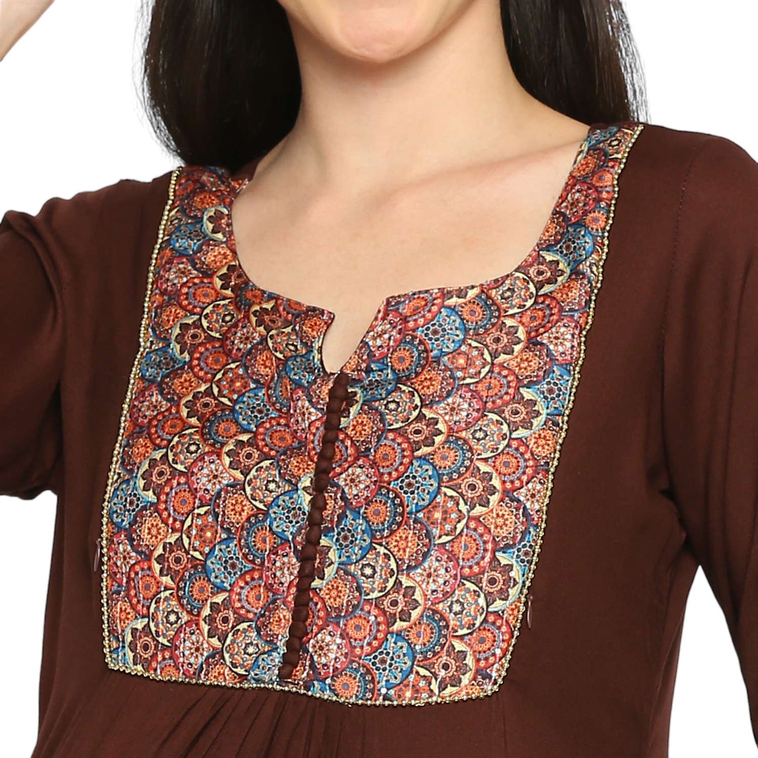 Rayon Solid Sleeve Maternity Kurta - Brown - Image 3