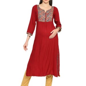 Rayon Solid Sleeve Maternity Kurta - Maroon
