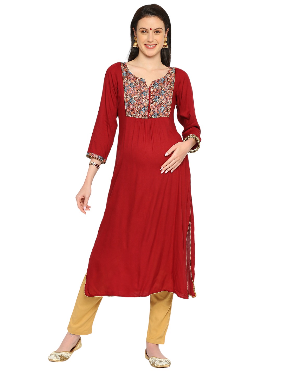 Rayon Solid Sleeve Maternity Kurta - Maroon