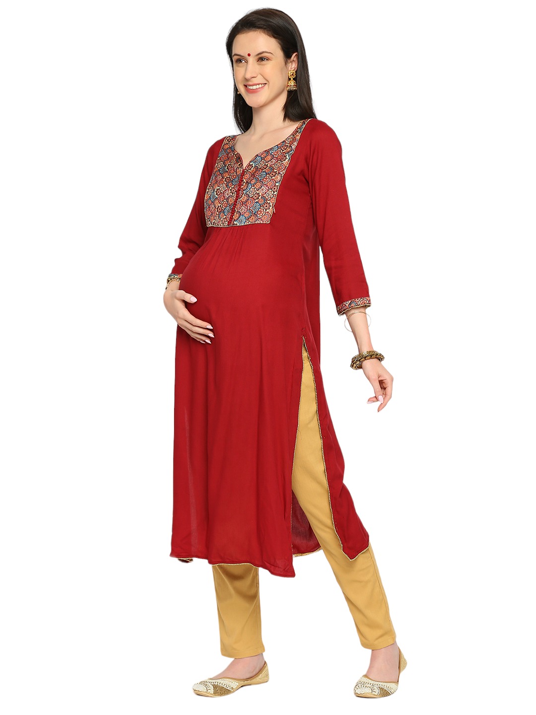 Rayon Solid Sleeve Maternity Kurta - Maroon - Image 2