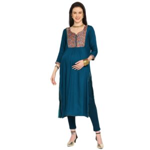 Rayon Solid Sleeve Maternity Kurta - Blue