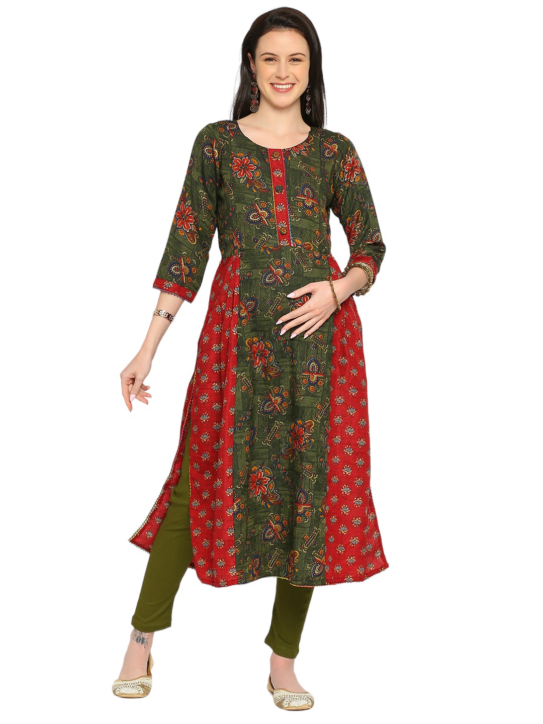 Floral Printed Rayon Maternity Kurta - Green