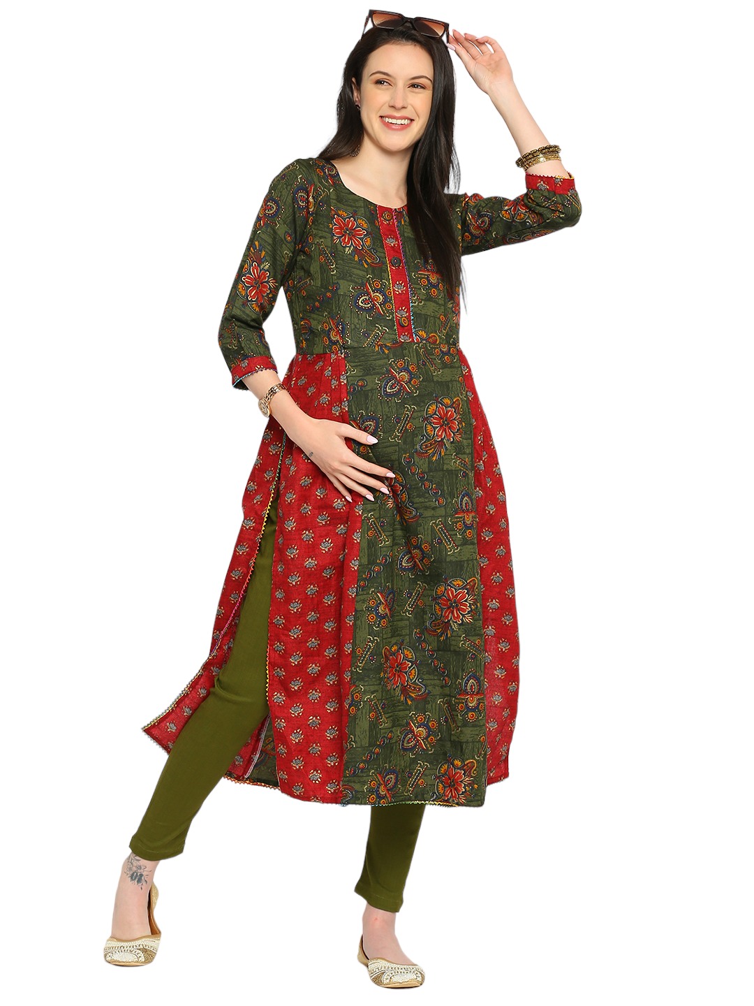 Floral Printed Rayon Maternity Kurta - Green - Image 2