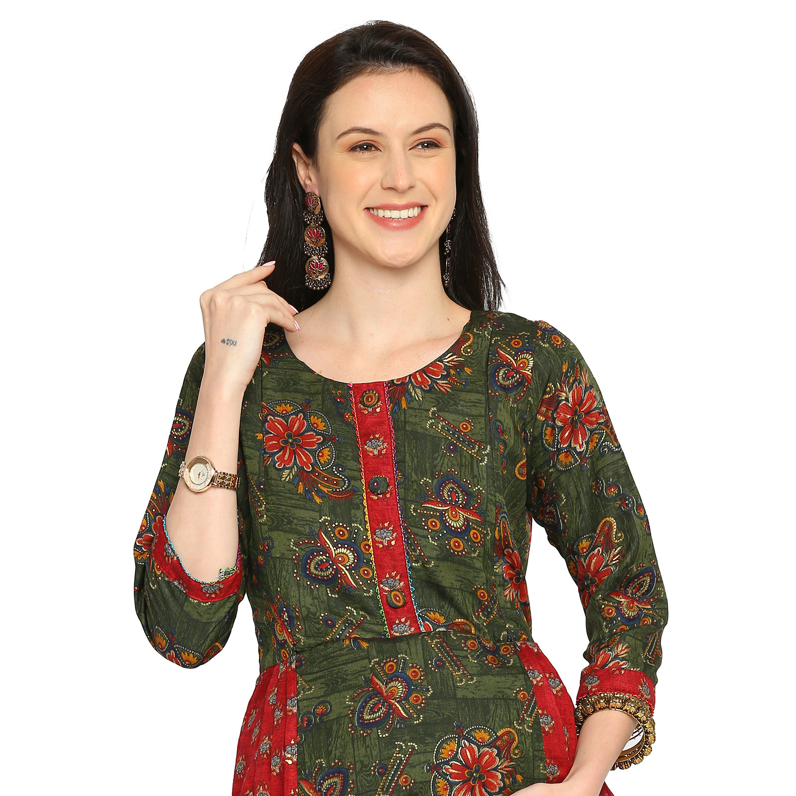 Floral Printed Rayon Maternity Kurta - Green - Image 3