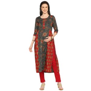 Floral Printed Rayon Maternity Kurta - Grey