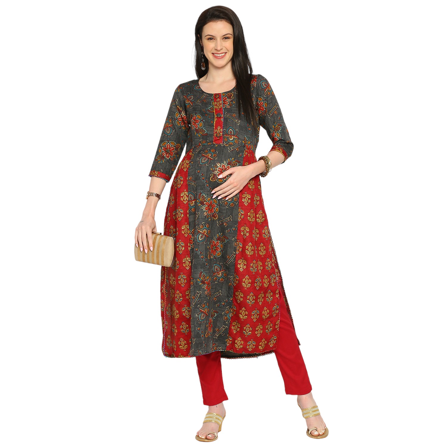 Floral Printed Rayon Maternity Kurta - Grey - Image 2