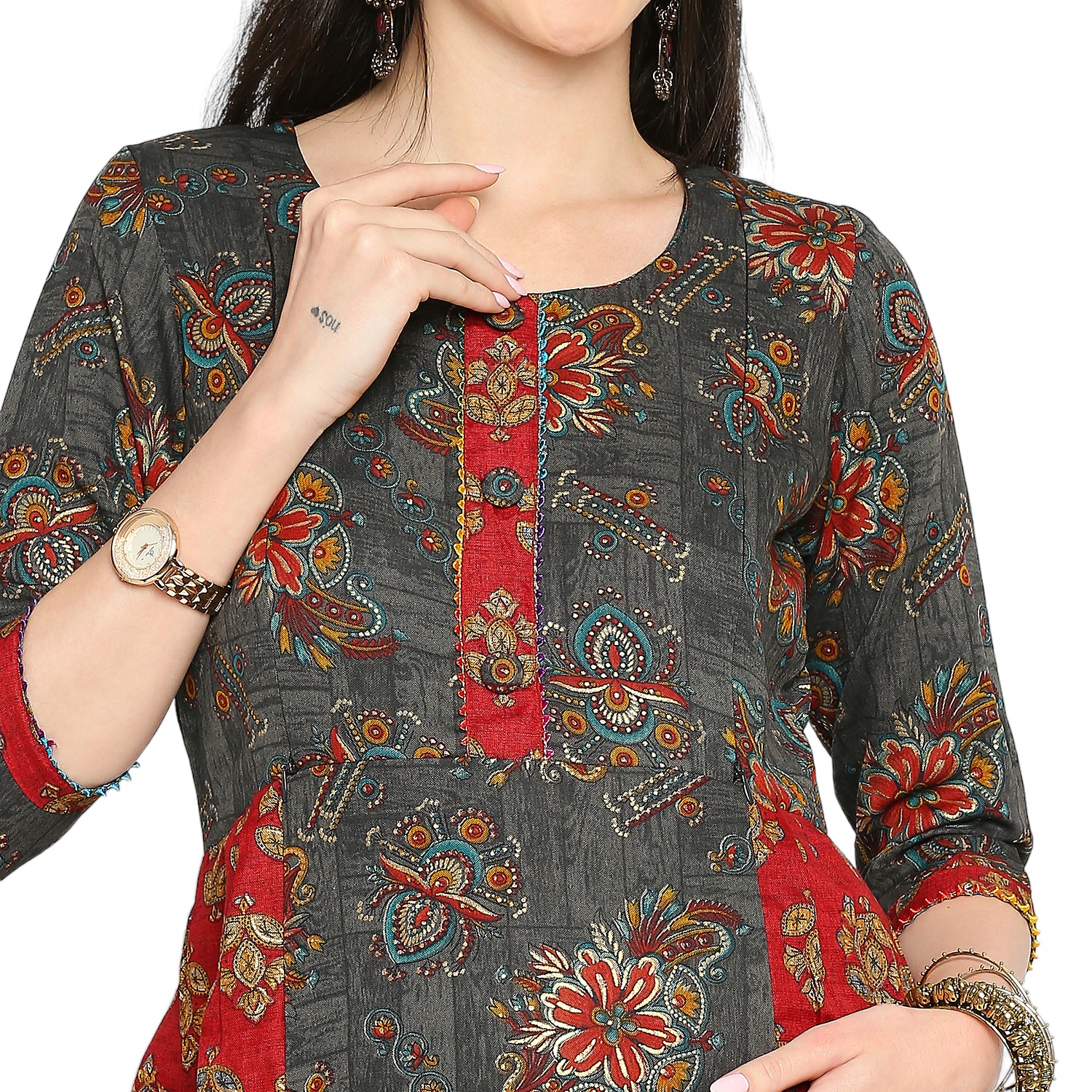 Floral Printed Rayon Maternity Kurta - Grey - Image 3