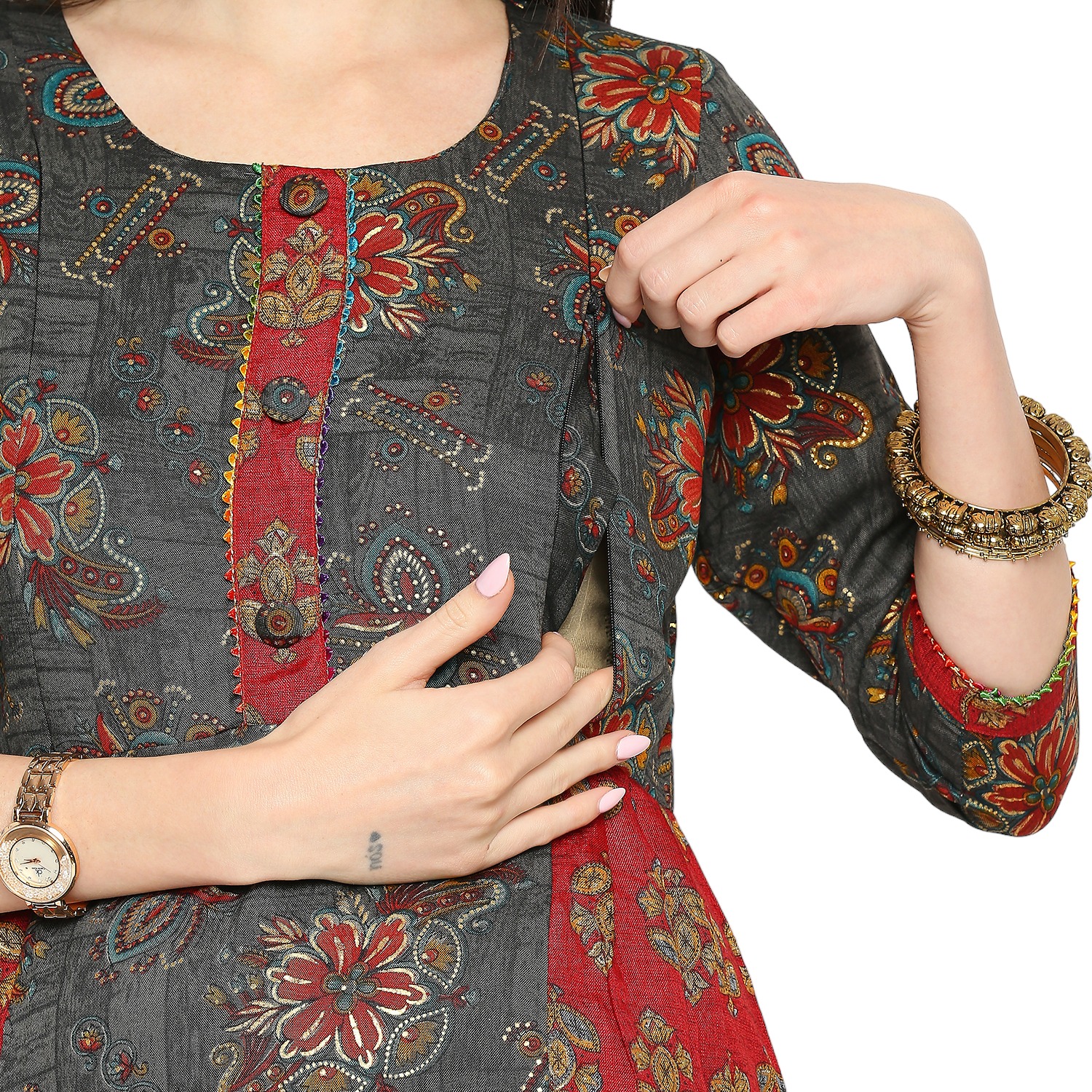 Floral Printed Rayon Maternity Kurta - Grey - Image 4