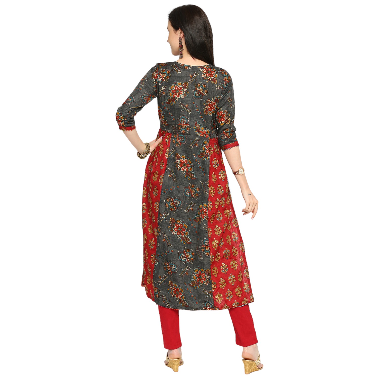 Floral Printed Rayon Maternity Kurta - Grey - Image 5