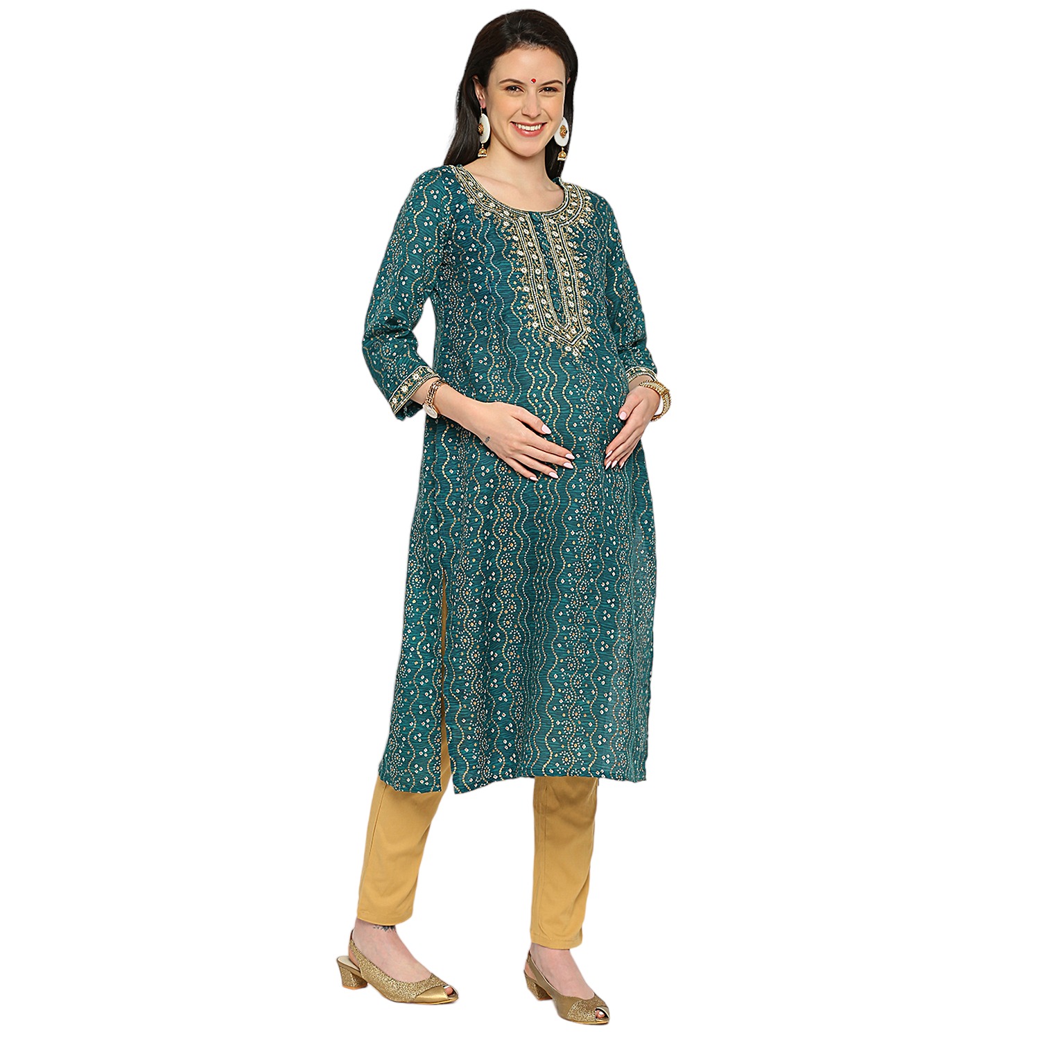 Pure Cotton Slub Maternity Kurta - Green - Image 2