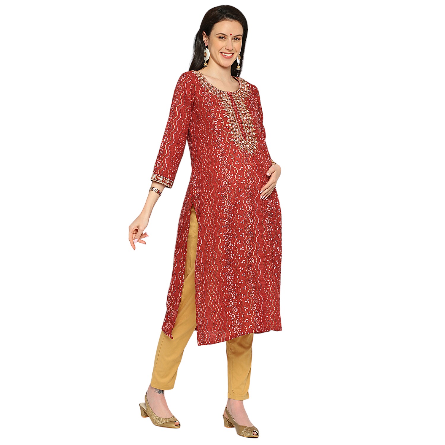 Pure Cotton Slub Maternity Kurta - Red - Image 2