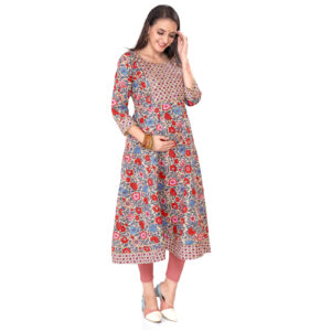 Cotton Floral Foilprinted Maternity Kurta - Red