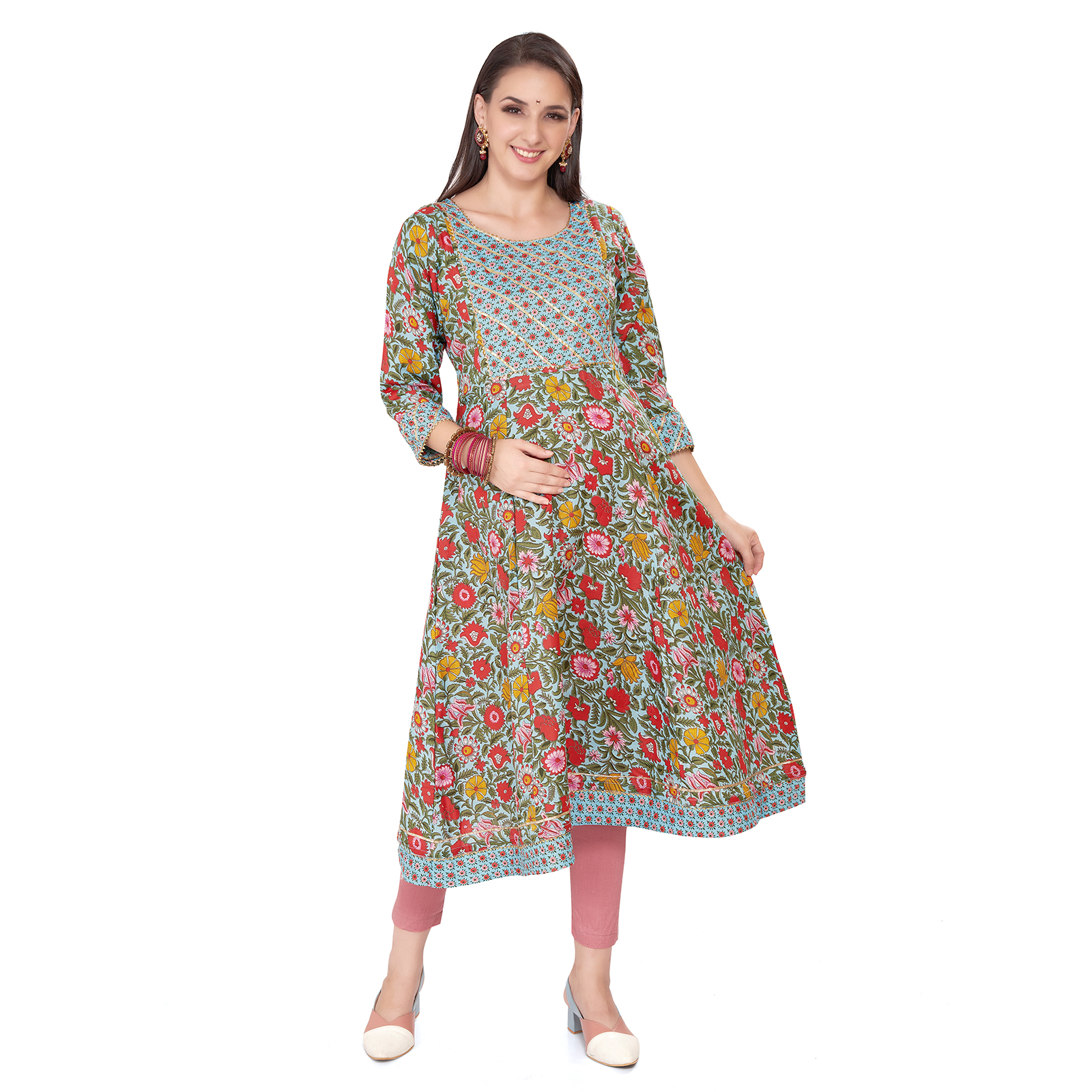 Cotton Floral Foilprinted Maternity Kurta - Blue - Image 2