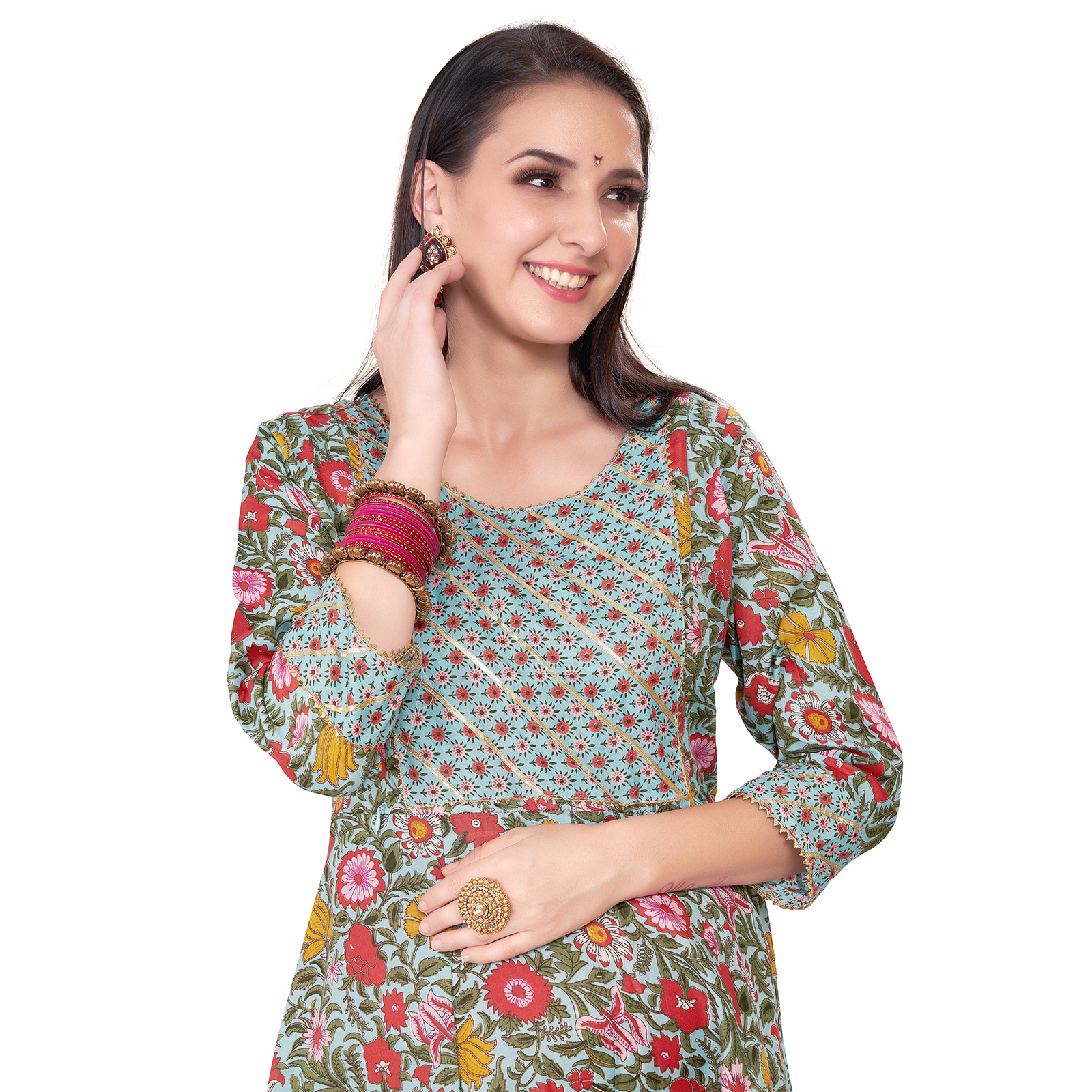 Cotton Floral Foilprinted Maternity Kurta - Blue - Image 3
