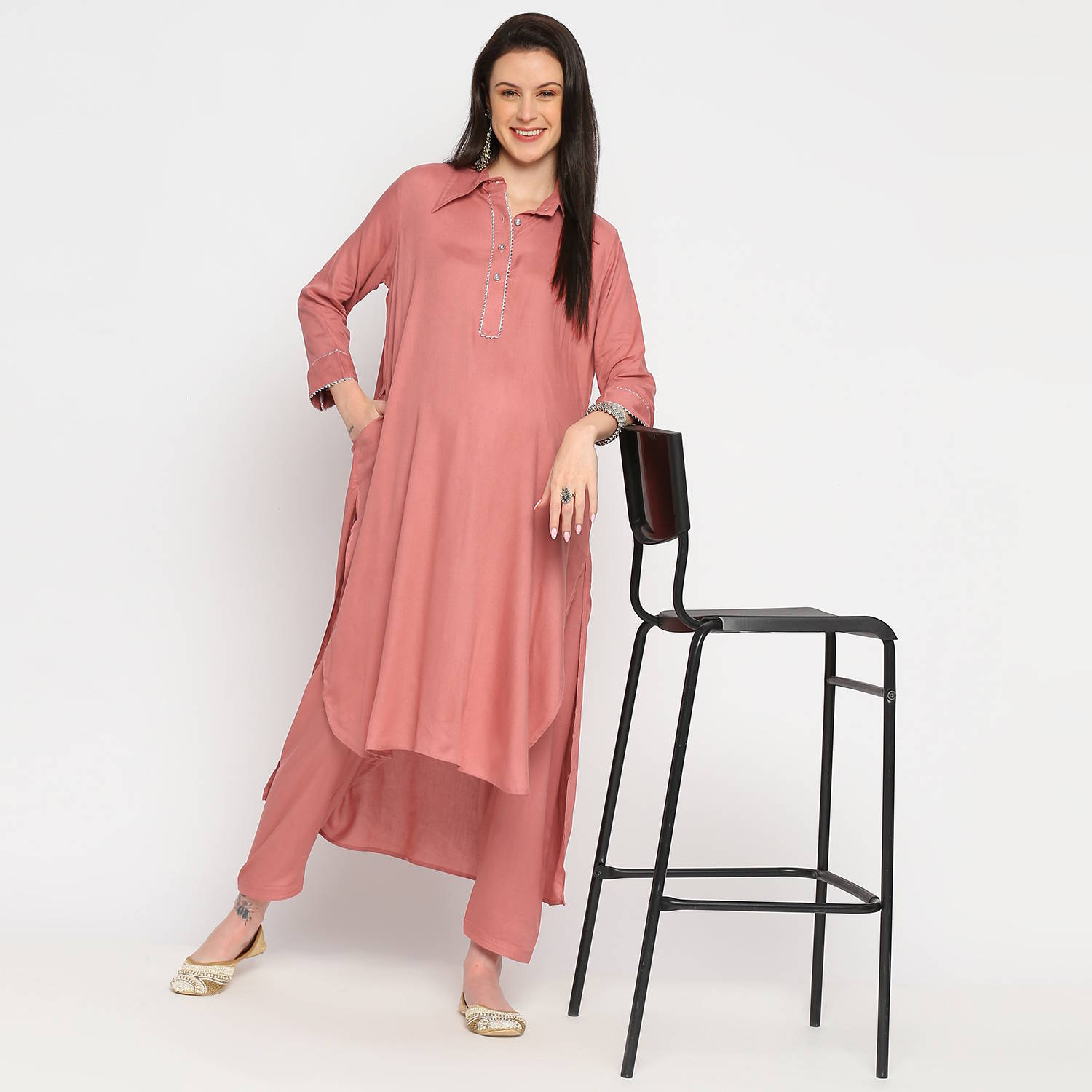 Tropical Coral Rayon Maternity Kurta - Black - Image 3