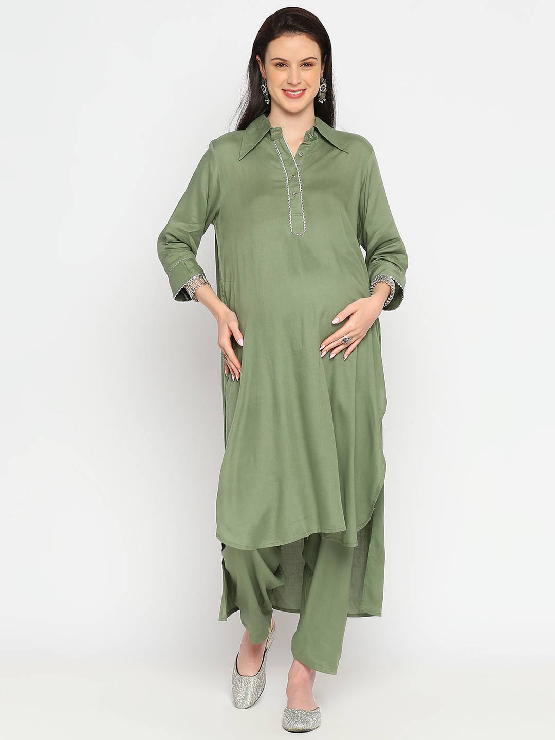Sage Green Rayon Maternity Kurta - Green