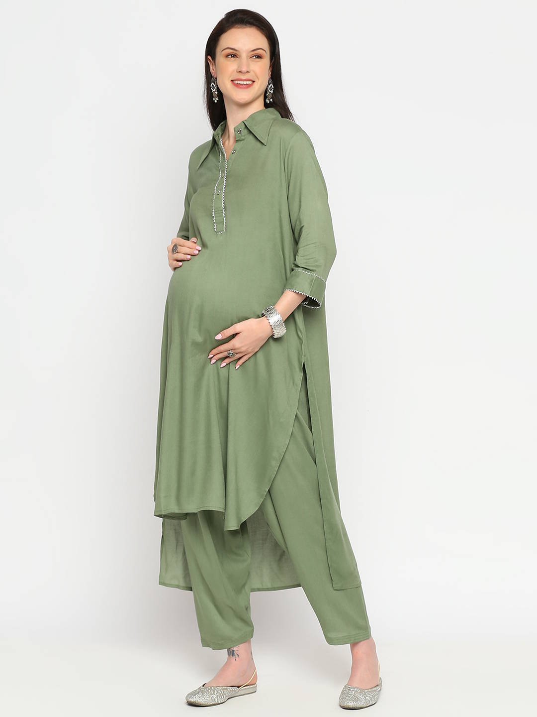 Sage Green Rayon Maternity Kurta - Green - Image 2
