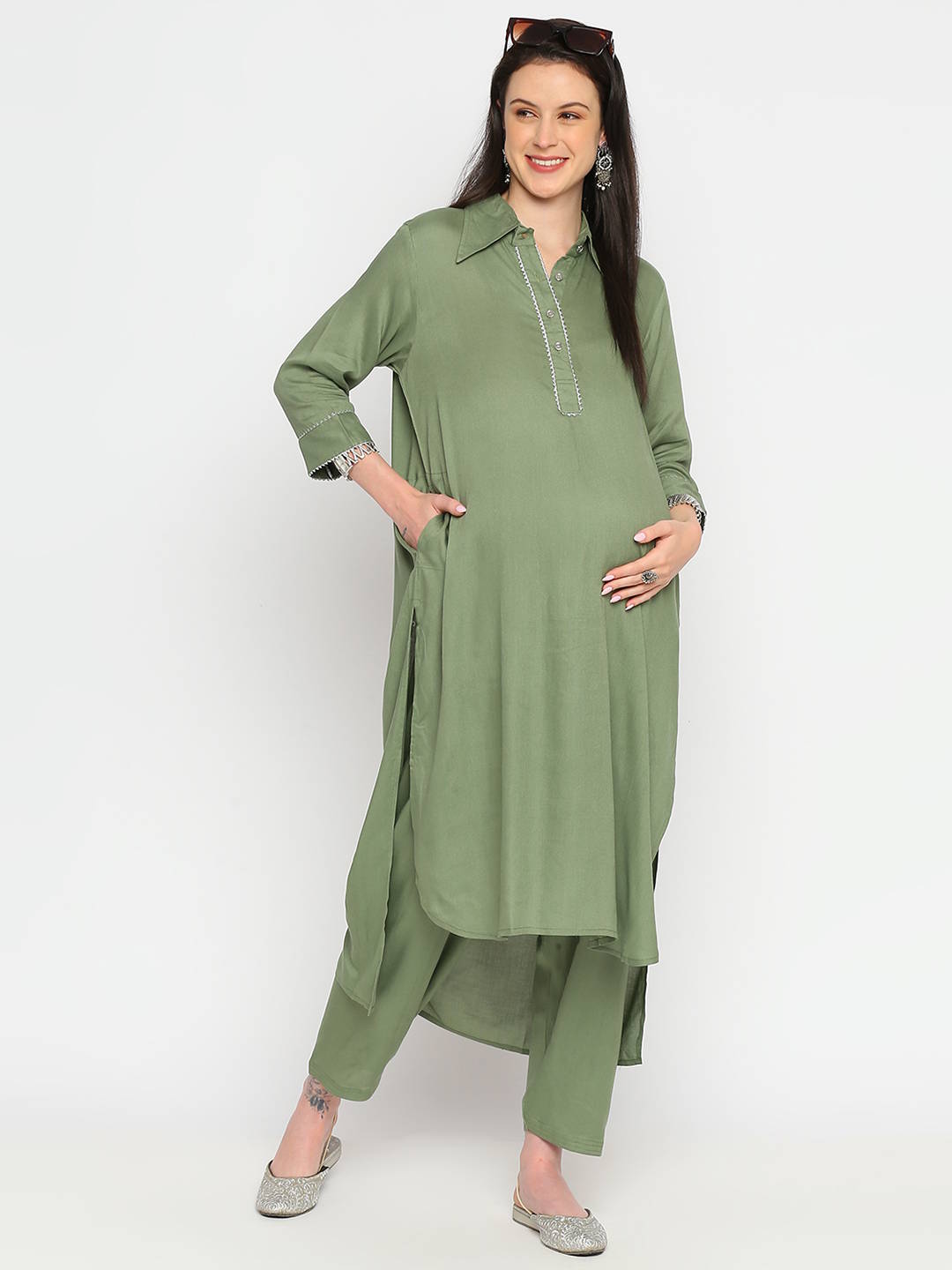 Sage Green Rayon Maternity Kurta - Green - Image 3