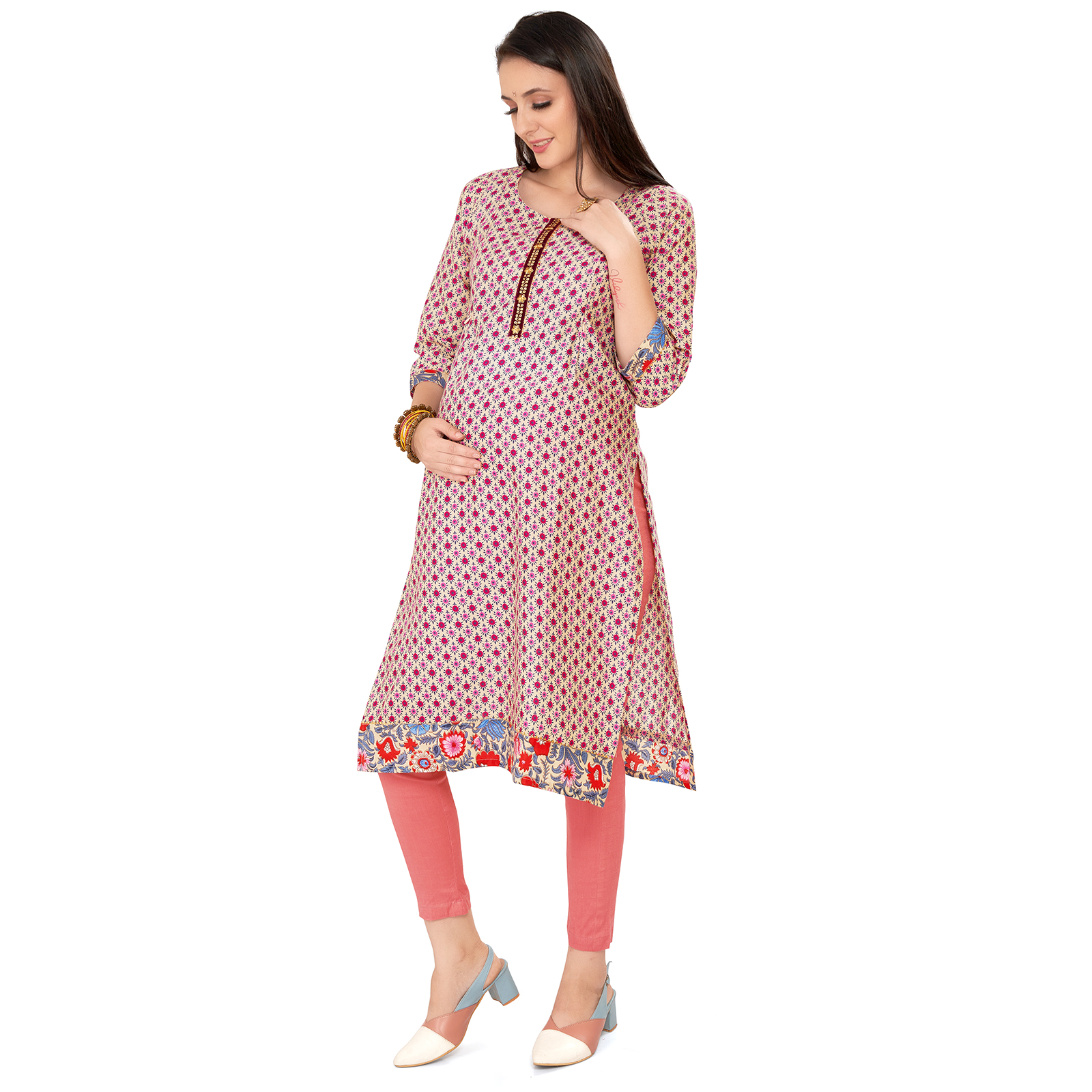Cotton Floral Printed Maternity Kurta - Red - Image 2