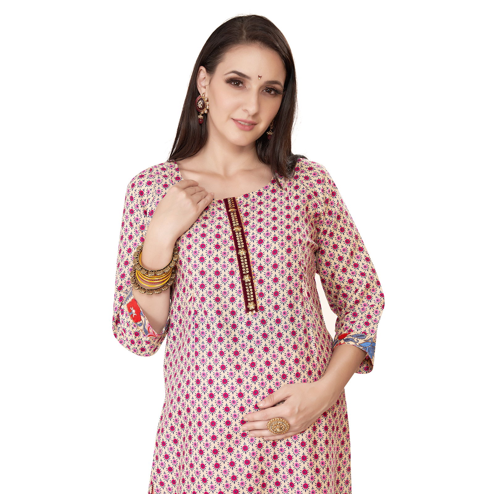 Cotton Floral Printed Maternity Kurta - Red - Image 3