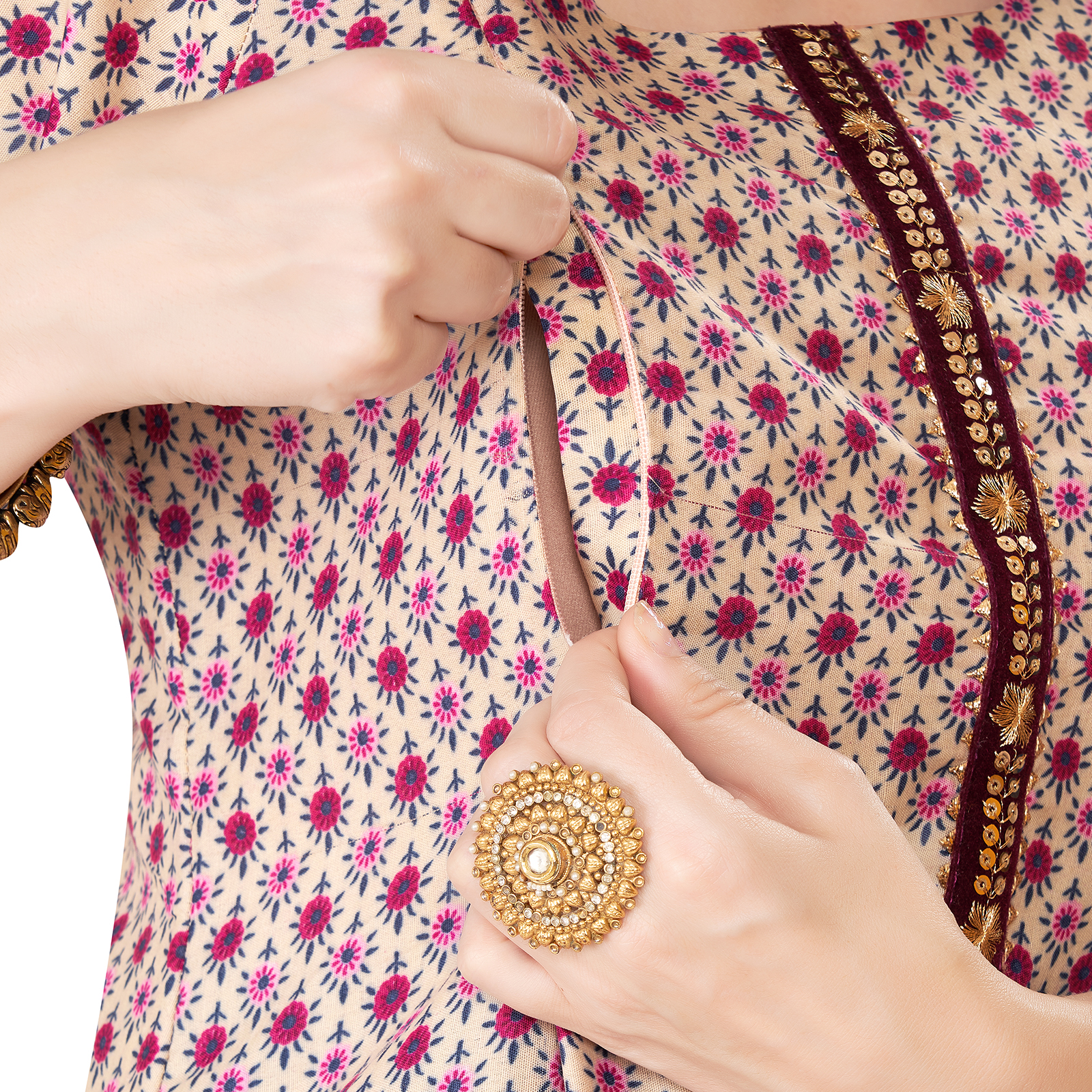 Cotton Floral Printed Maternity Kurta - Red - Image 4